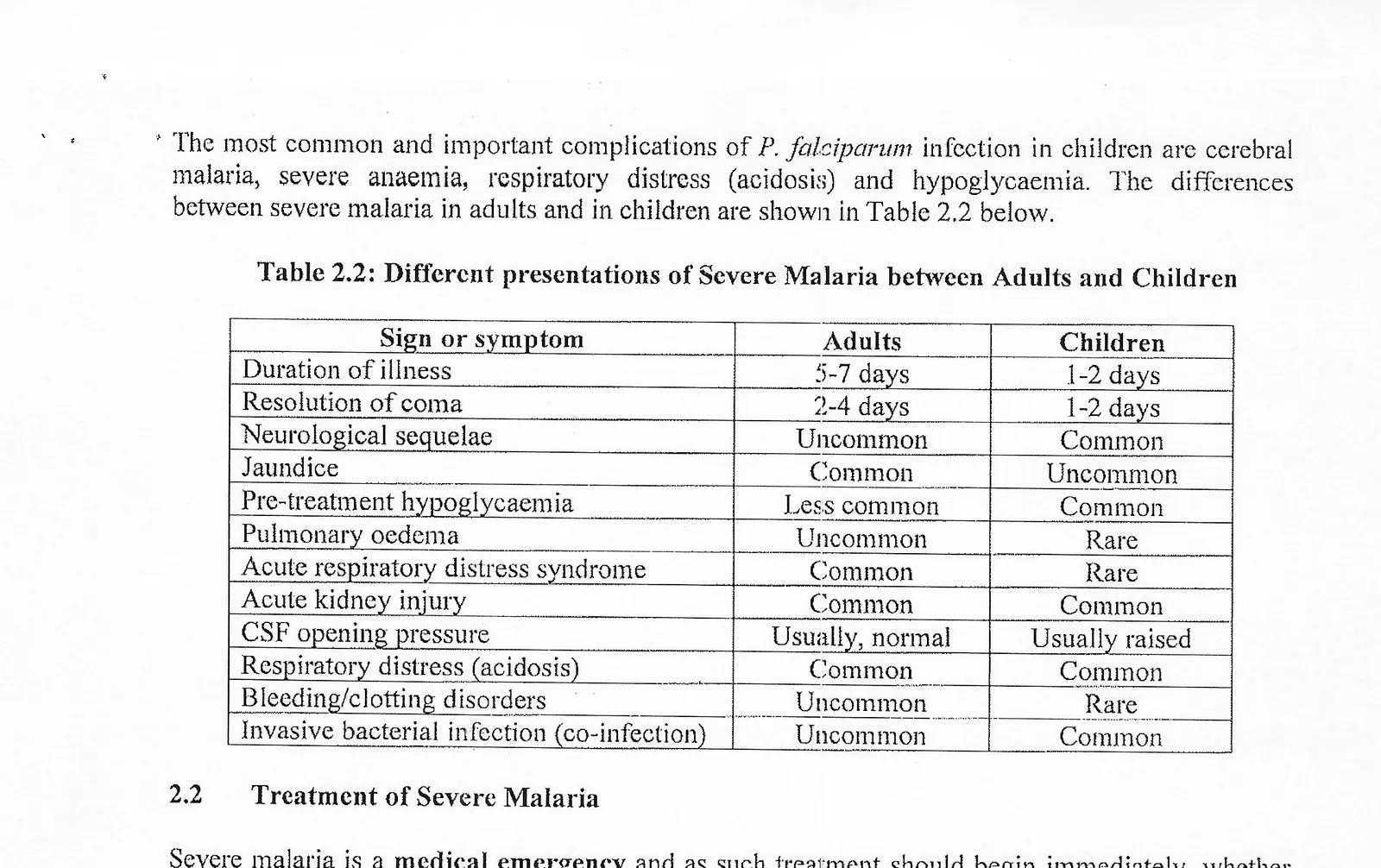 Table 2.2 — Different presentations of severe malaria between adults and children