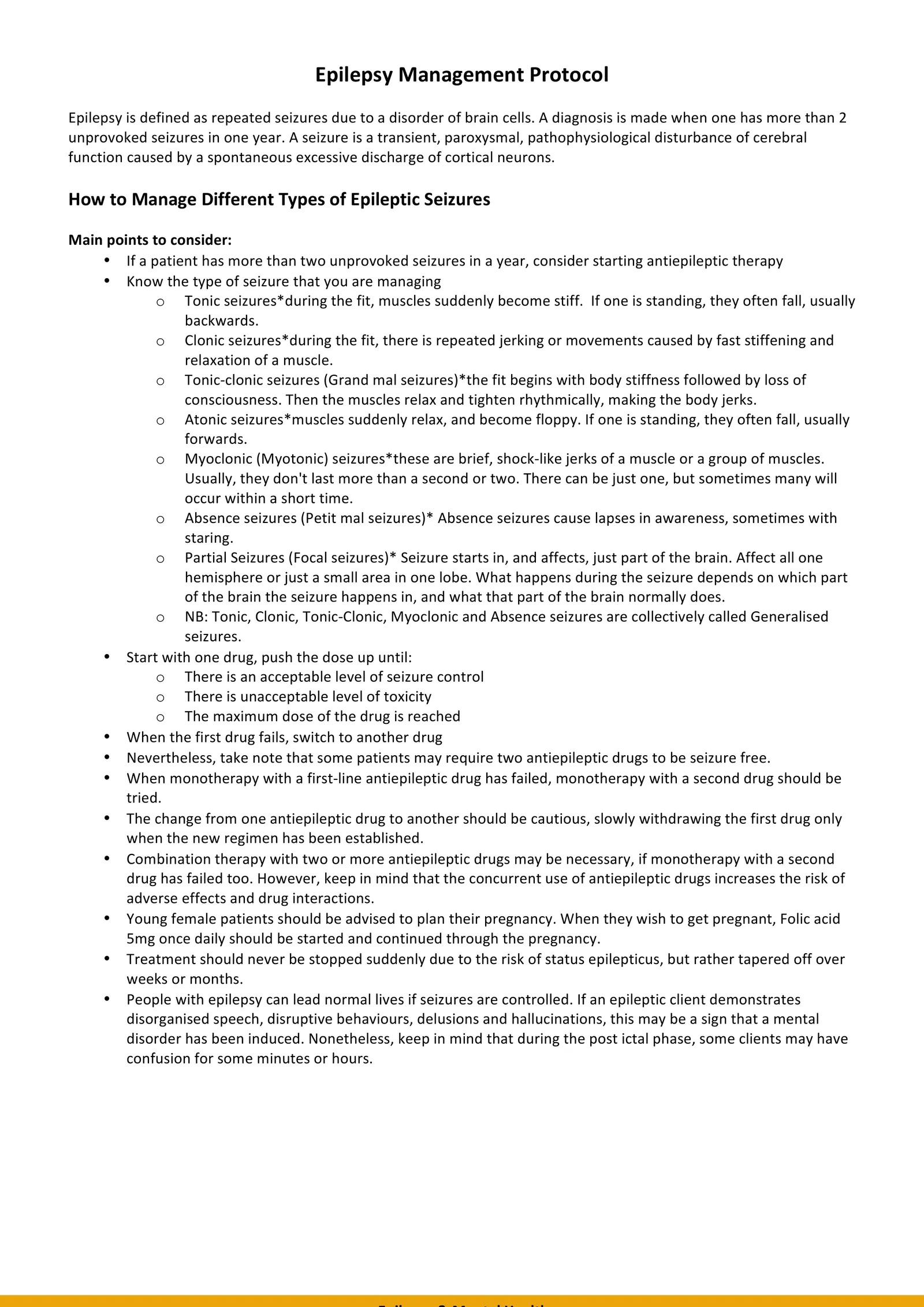 Epilepsy — Seizure types & management principles